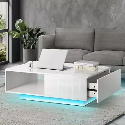 Oikiture Coffee Table LED Light High Gloss Storage Drawer Modern Furniture • $125.90