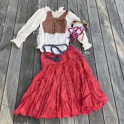 Medieval Dress Renaissance Peasant Gown Ivory Red 5 Piece Costume Ren Faire • $65