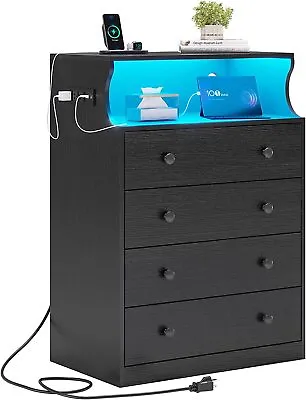 Black Tall Dresser Chest Of 4 Drawers With Open Space And LED Lights For Bedroom • $149.99