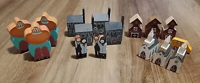 Vintage Hand Painted Wood Village Miniature Houses School Church People Lot • $19.99