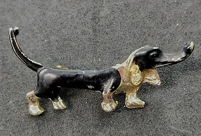 Vintage Enameled Dachshund Dog Brooch Pin Rhinestone Collar Gold Tone Metal • £14.46