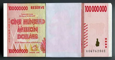 Zimbabwe 100 Million Dollars X 50pcs AA 2008 P80 1/2 Bundle UNC Currency Bills • $1477.42