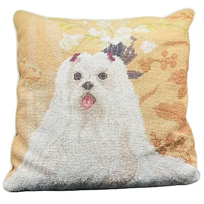 Vintage Maltese Dog Wool Needle Point 12x12 Pillow Cover With Insert Farmhouse • $24.95