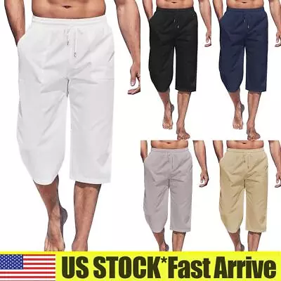 Mens Elasticated Waist 3/4 Long Length Shorts Summer Casual Three Quarter Pants • $17.75