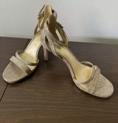 Michael Kors Size 8 Gold Sparkle 3  Heels Open Toe Wedding Party Formal Dance • $19.99