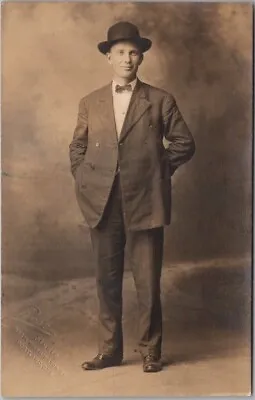 Vintage 1910s RPPC Real Photo Postcard Young Man In Suit / Fedora Hat / Bow Tie • $6