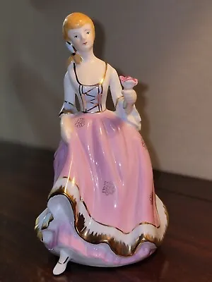 Vintage Ceramic Figurine Lady In Pink Dress 8  Holding A Pink Rose • $13.99