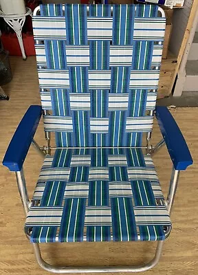 Vintage Aluminum Lawn Chair Webbed Blue/Green • $65.99