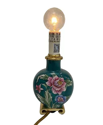 Vtg Oriental Chinese Cloissone Floral Green Small Tiny Lamp Kitchen Table Brass • $38.24