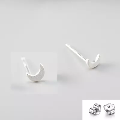 Brushed 925 Sterling Silver Crescent Moon Tiny Post Stud Earrings 4x5mm Gift Box • $7.95