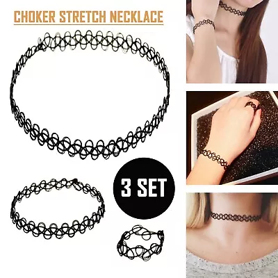 £1.99 • Buy Women Choker Necklace Bracelet Ring Stretch Gothic Tattoo Lace Retro Black 3 Set