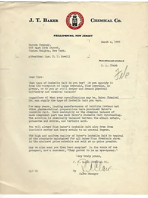 1935 Letter J.T. Baker Chemical Co. Phillipsburg New Jersey Rochelle Salt • $18.95