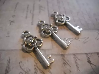 10 Key Charms Antique Silver Tone Miniature Steampunk Supplies 2 Sided 23mm • $2.79