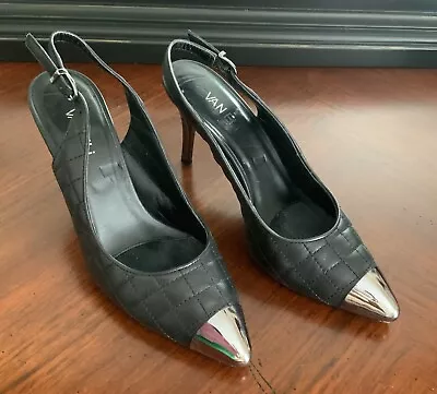 VANELi  Slip On Dress Slingback Heels Shoes Black  Silver Tip Women’s Size 7.5 N • $45