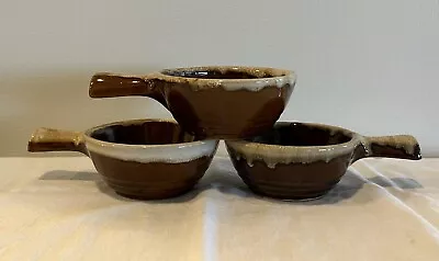 3 Monmouth Maple Leaf USA Brown Pottery Drip Glaze Handled Soup Bowls 0901 • $21.99