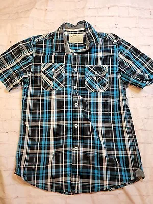 Marc Ecko Cut & Sew Blue/Black Plaid Short Sleeve Button Down Size Medium • $17