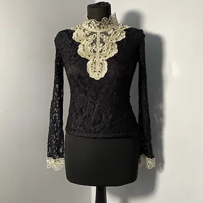 Vintage Style Black Cream Lace Blouse  Occasion Top Pearls Beads Lace Collar 6 8 • £8.50