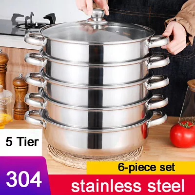 5 Tier Steamer Cooker Steam Pot Kitchen Food Cooking + Glass Lid Stainless Steel • $46.13