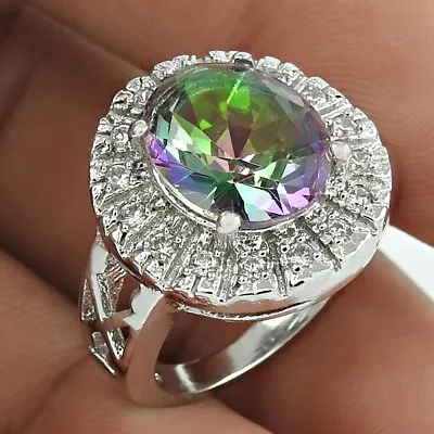 Natural Mystic Topaz Solitaire Rhodium Plated Purple Ring Size 6 925 Silver Q4 • $44.50