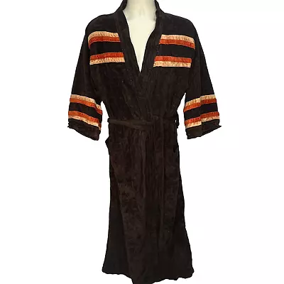 Vintage Sears Mens Store Brown Stripe Bath Robe Size 36-48 Fleece Orange 70s • $33.71