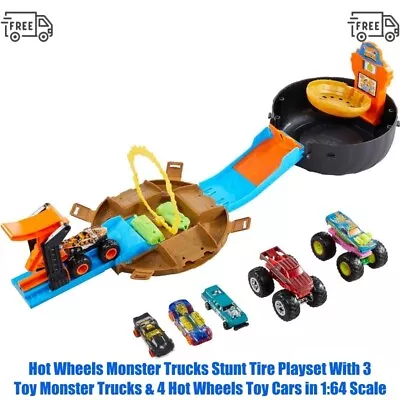 Hot Wheels Monster Trucks Stunt Tire Playset With 3 Monster Trucks & 4 Toy Cars • $44.68