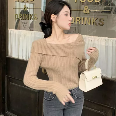 Autumn Korean Off Shoulder Sweater Women Solid Long Sleeve Chic Slim Knitwear • $18.17