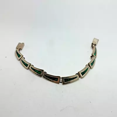 Vintage Sterling Mexico Malachite Ladies Chip Inlay Bracelet 7.5  24gr A118 • $79.99