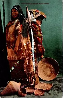 PIUTE INDIAN WOMAN & BABY IN PAPOOSE  Baskets  Ca1910's Native American Postcard • £6.57