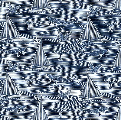 Whales And Sail Boats Navy Blue Cotton Matt PVC WIPE CLEAN Tablecloth Oilcloth • £84.95