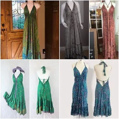 Wholesale Lot Indian Vintage Sari Silk Maxi Dress-Boho Gypsy Hippie Halter Dress • $229.08