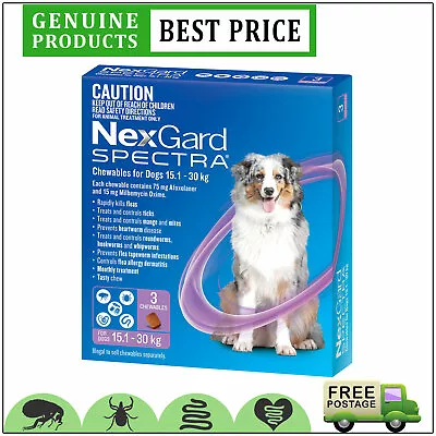 NEXGARD SPECTRA 3 Doses For Dogs Heartworm Flea Prevention 15.1 To 30 Kg PURPLE • $76.92