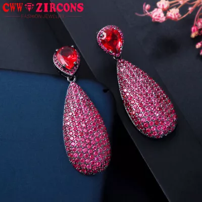 Rose Red Cubic Zirconia Black Gold Plated Big Dangle Water Drop Party Earrings • $16.50