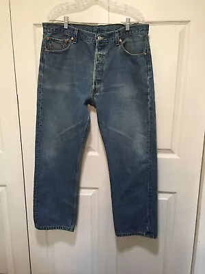 Levis 501 Jeans Men 38x32 Blue Button Fly Denim Pants Light Vintage WPL 423 • $29.99
