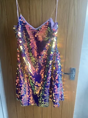 Size 14 Sequin Dress Pink Purple Gold Chain Strap Rainbow Party Festival New • £8