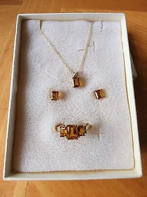 Genuine Solid 10k Yellow Gold Citrine Necklace Earrings Ring Matching Set.  • $249.99