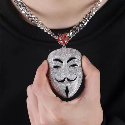 $125.99 • Buy V For Vendetta CZ Clown Mask Rock Hop Hip  Large Pendant Necklace 20 Cuban Chain