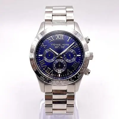 Michael Kors Layton Steel 44 Mm Chronograph Blue Dial Mens Quartz Watch MK8228 • $165