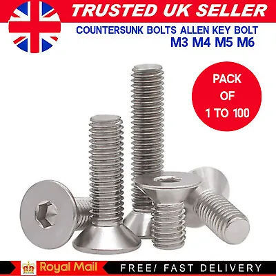 £0.99 • Buy M3 M4 M5 M6 Countersunk Bolts Allen Key Bolt Socket Screws A2 Stainless Din 7991
