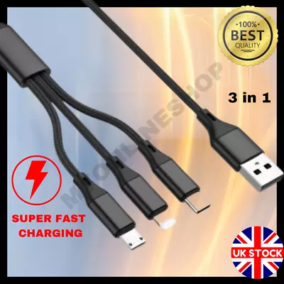 3 In 1 Multi USB Phone Charger Cable For IPhone And Android Nylon Braided Type-C • £3.59