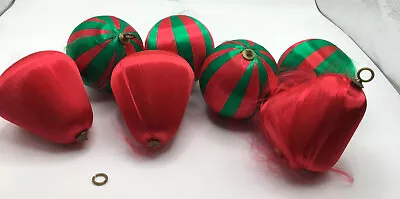 7 Vtg. Satin Wrapped Christmas Ornaments/Bells 4 Red & Green Balls/3 Red Bells • $9.88