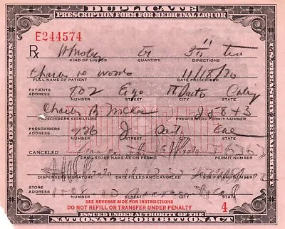 Antique Prohibition Whiskey Prescription Doctor Pharmacy Bar California McKee • $45