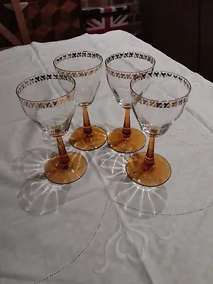 Set Of 4 Amber Coloured Stem Glasses  Sherry Port Wine Glasses Leaf Design • £9.99