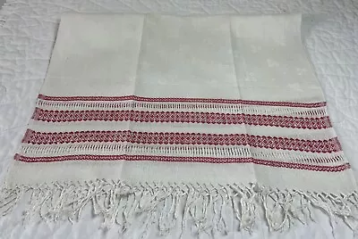 Antique Vintage Show Towel Large Linen Woven Leaf & Flower Design White Red • $12.95