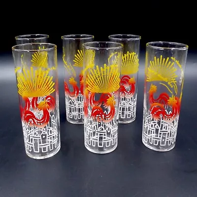 Vintage Mid Century Federal Glass Cock-A-Doodle-Doo Red Rooster Tom Collins X6 • $69.99