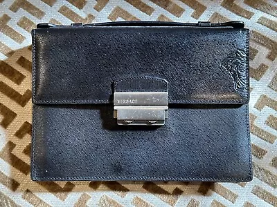 Vintage 80's Versace Medusa Handle Bag Black Leather Document Holder Lock Italy • $99