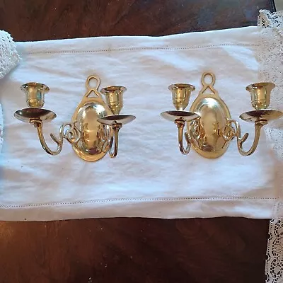 2 Vintage Brass Double Arm Colonial Candle Stick Wall Mount Candlestick Holders • $25