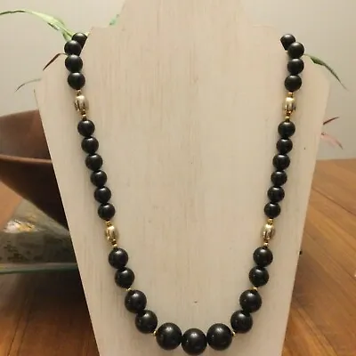 Vintage Estate Jet Black & Goldtone Beaded Necklace • $8.79