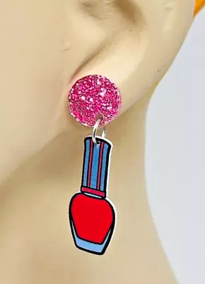 Acrylic Kawaii Retro Nail Polish Glitter Dangle Drop Earrings • $8.99