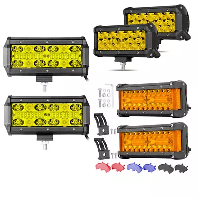 2x 7Inch 400W Amber LED Light Bar Quad Tri-Row Offroad Fog Driving Spot Flood • $65.99