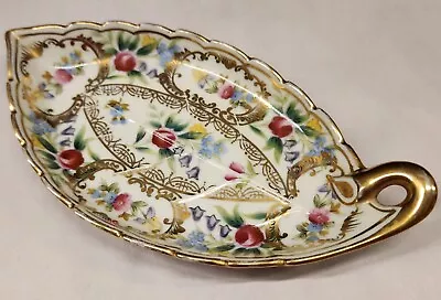 Noritake China DRESOLIN Handled Leaf Dish 7-5/8  Gold Edging Made In Japan • $24.50